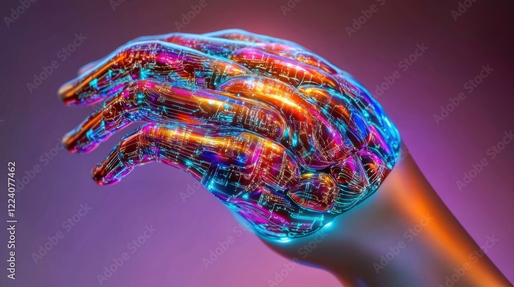 Aufkleber a robotic hand securely grasps a colorful digital brain, illustrating the fusion of technology and c