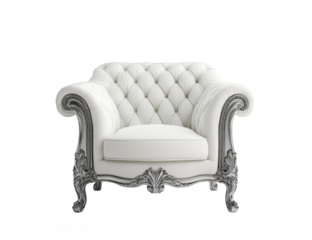 A white chair with gold trim sits on a white background