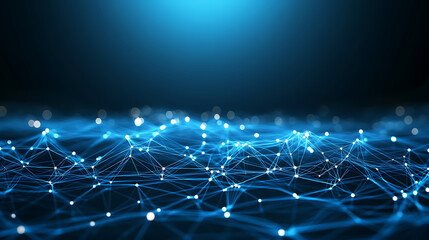 Glowing blue network connection technology background with digital light effect and connection dots