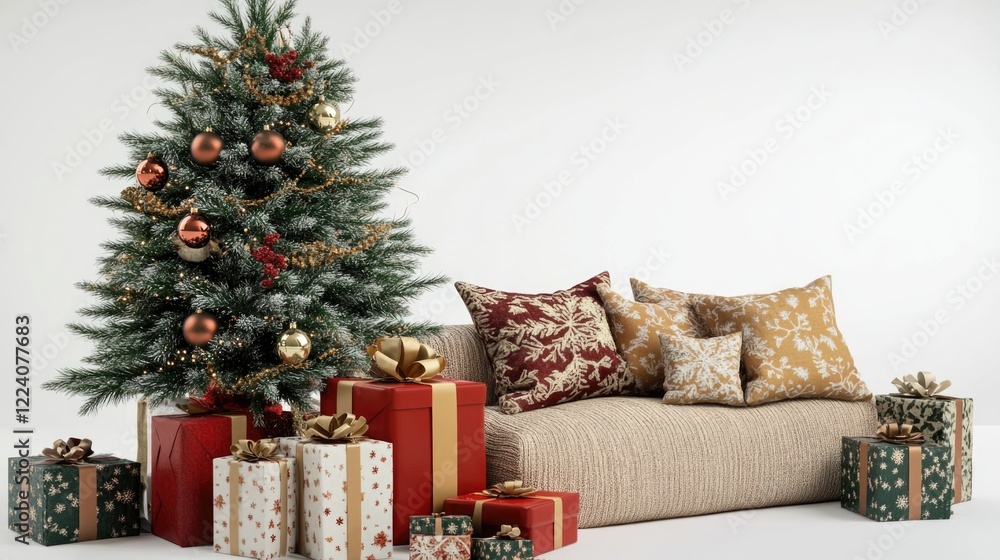 Aufkleber a christmas tree with a bunch of presents and a couch in front of it. the couch is covered in pillow