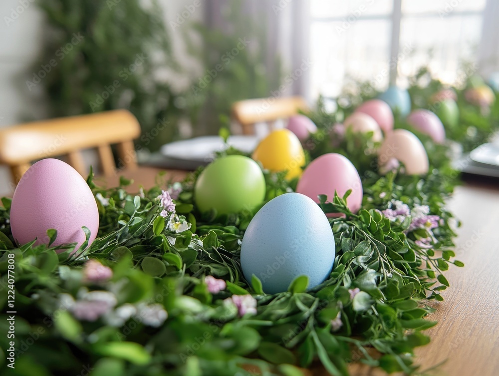 Poster a table is decorated with a green and pink garland of easter eggs. the eggs are arranged in a line a