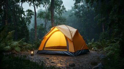 Camping adventure in the forest tent setup outdoor photography natural environment wide angle view exploration concept