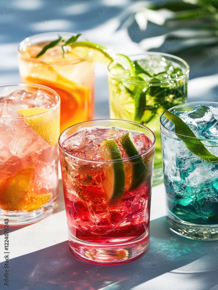 Poster a row of colorful drinks with a lime wedge in each. the drinks are in different colors and sizes
