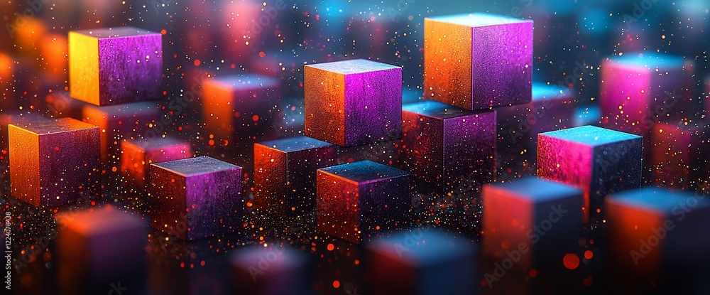 Poster Abstract colorful cubes with glowing particles.
