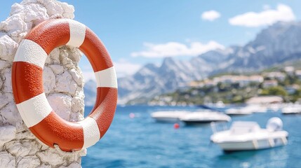 Naklejka premium Coastal life ring, boats, mountains, sunny day, travel safety