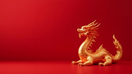 Fototapeta premium Golden dragon figurine on vibrant red background, symbolizing prosperity and strength, ideal for festive designs and celebrations.