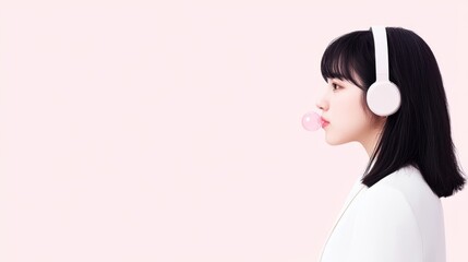 Listening to music young woman studio profile view calm environment emotional connection