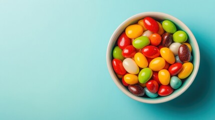 Vibrant jelly beans of various colors and flavors fill a round bowl resting on a light blue pastel surface, creating a cheerful display