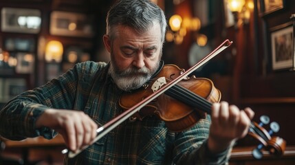 A man is playing a violin in a restaurant. The atmosphere is serene and tranquil, as the man focuses on his music. The restaurant is dimly lit, with a few other patrons scattered around