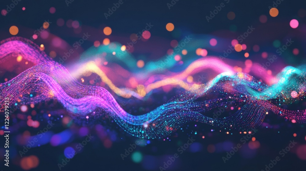 Poster colorful neon light waves intertwine, creating mesmerizing patterns and luminosity against a deep ba