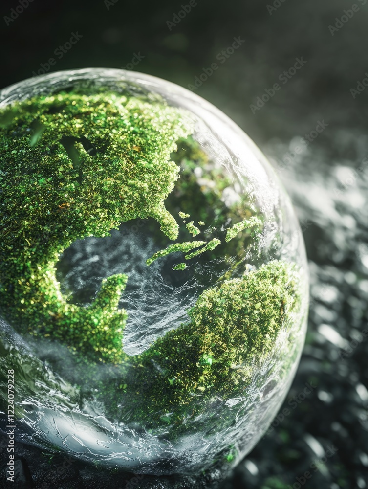 Poster a globe with a green surface and a green hole in the middle. the globe is surrounded by a dark backg