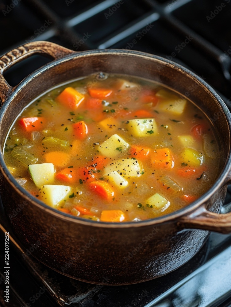 Poster a pot of soup with carrots and potatoes in it. the soup is bubbling and steaming