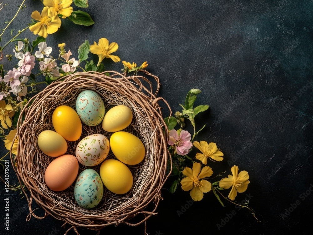 Poster a basket of eggs with a blue and yellow design sits on a table. the basket is surrounded by flowers 