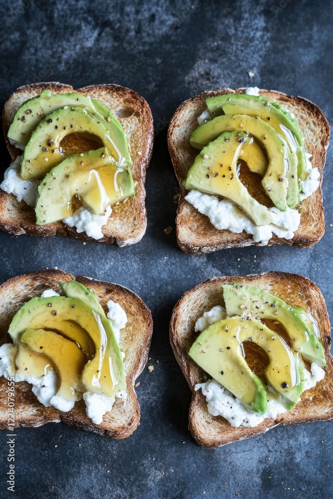 Poster four slices of bread with avocado and honey on top. the bread is toasted and the avocado slices are 
