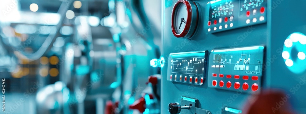 Aufkleber modern control panel with digital displays and illuminated buttons in industrial setting
