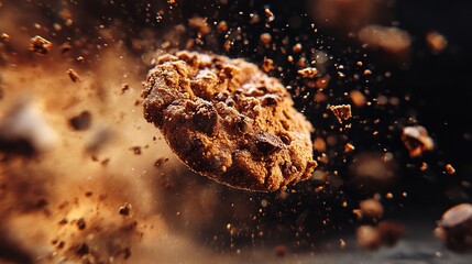 Exploding Chocolate Chip Cookie, Studio Shot, Dark Background, Food Advertising