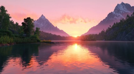 Pink Sunset over Mountain Lake