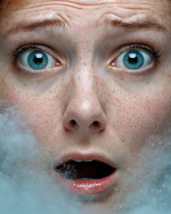 close up of person face with worried expression, wide eyes, and visible freckles, surrounded by mist