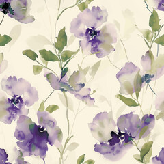Cute floral pattern in light purple and green on a cream background. watercolor seamless pattern. Watercolor print in rustic vintage style, textile or wallpapers.