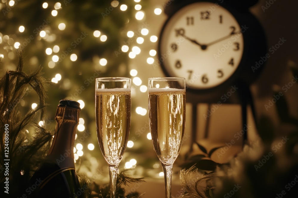 Poster two champagne glasses are on a table next to a clock. the clock is set at 10:00
