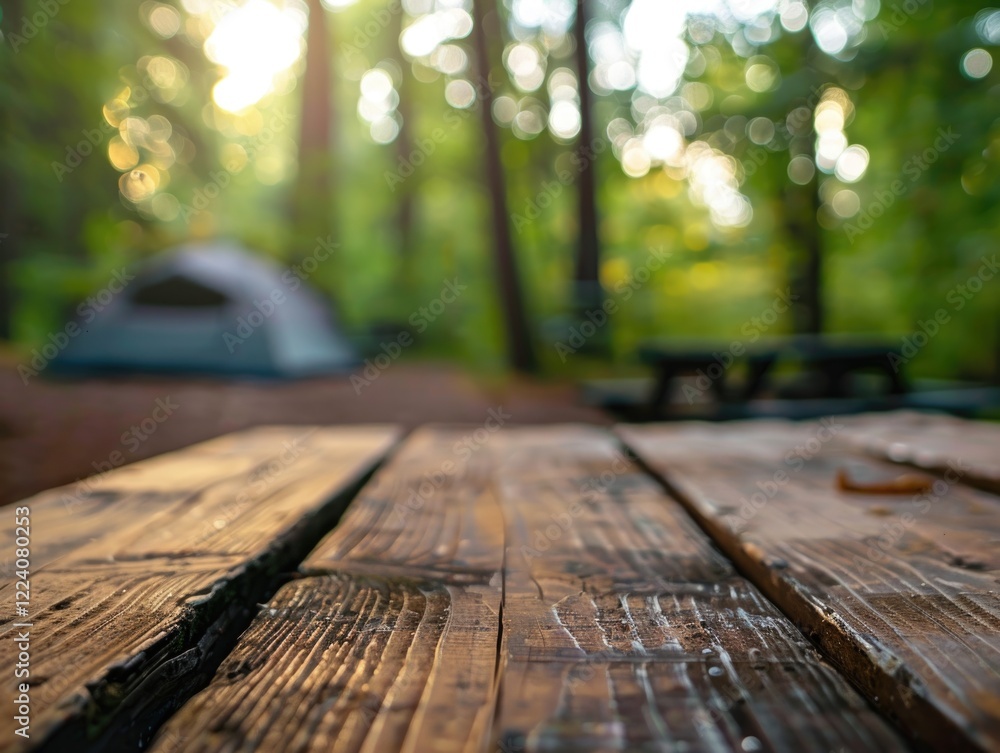 Poster a wooden picnic table with a tent in the background. the table is empty and the tent is set up. the 
