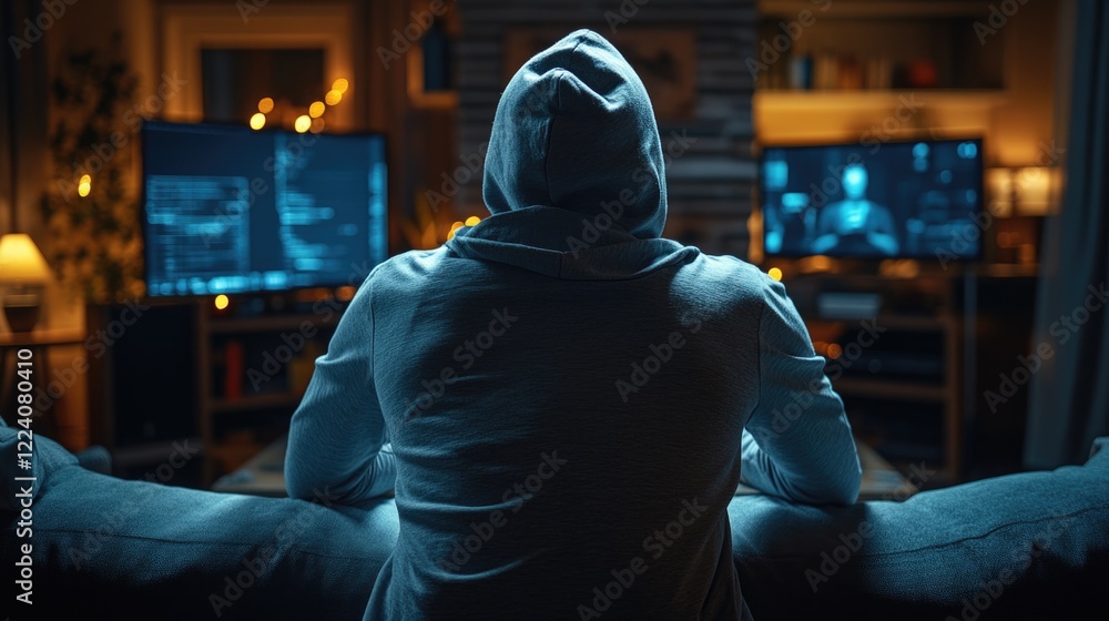 Poster hooded figure in dimly lit room with multiple screens and code display