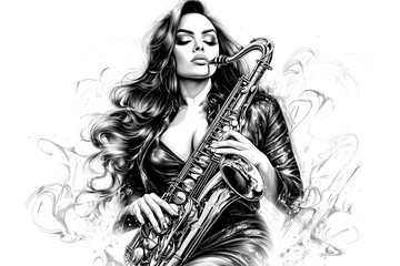 A woman playing a saxophone with smoke in the background. Scene is mysterious and dreamy