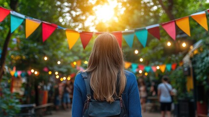 Young caucasian woman at outdoor festival surrounded by colorful flags and lights