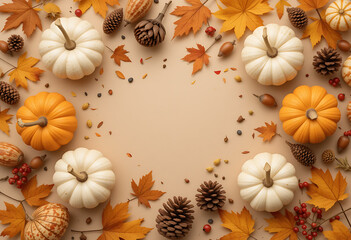 Autumn Harvest Frame with Pumpkins, Pine Cones, and Leaves