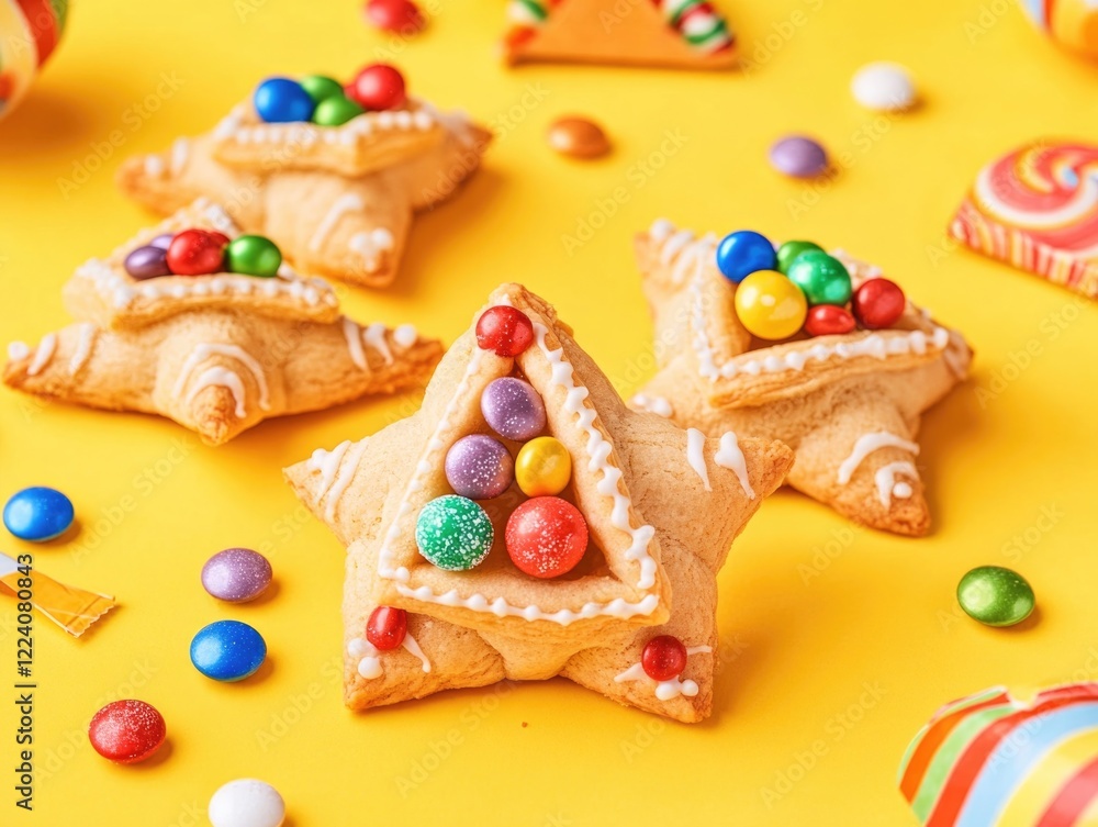 Poster a yellow background with a star shaped cookie with colorful sprinkles on it. there are also other co