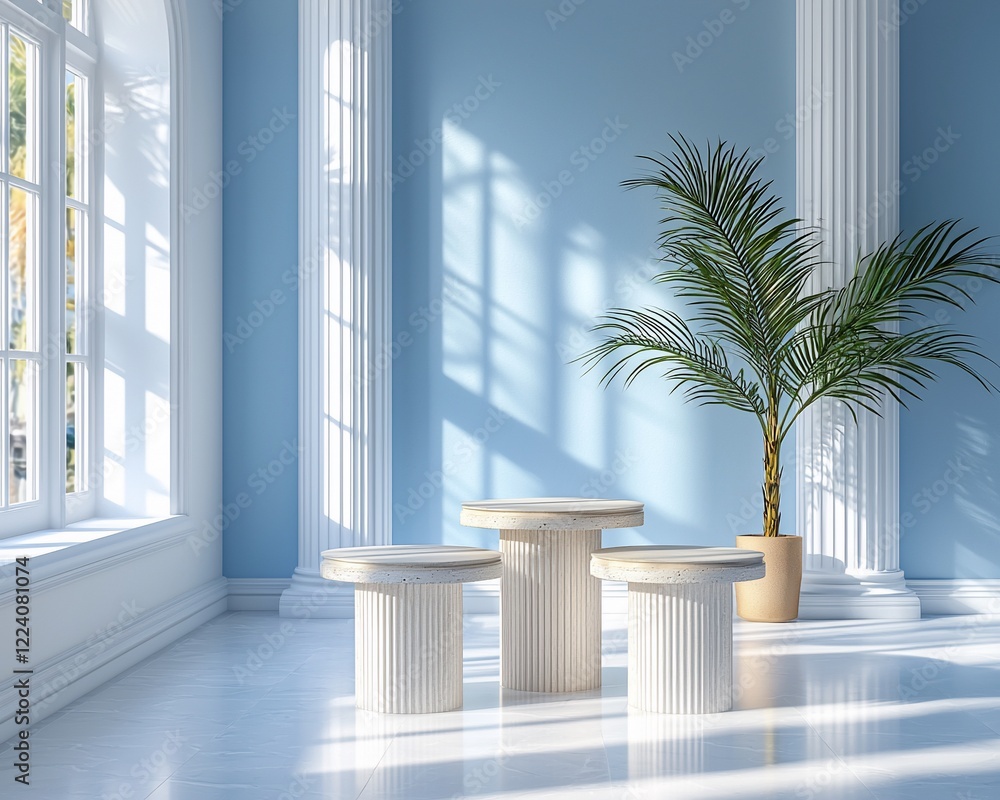 Poster three tiered display stands in a blue room with columns and a plant.