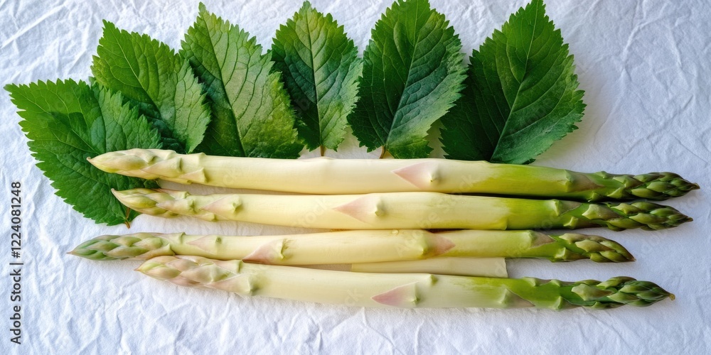 Poster a bunch of asparagus is displayed on a white table with green leaves. the asparagus are arranged in 