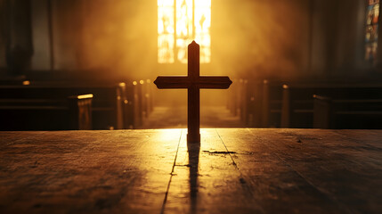 Naklejka premium Silhouette of a Cross in Church Against Glowing Light Symbolizing Faith and Rebirth : Generative AI