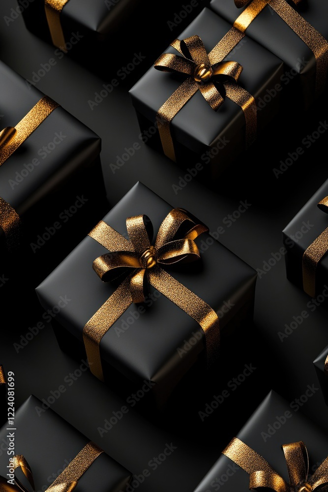 Poster a row of black boxes with gold ribbons on them. the boxes are arranged in a way that they look like 