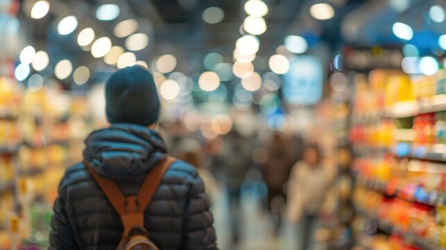 Customers explore a grocery store aisle, surrounded by shelves stocked with colorful products on a busy shopping day