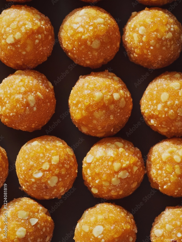 Poster a row of small orange balls with a white center. the balls are arranged in a row and are all the sam