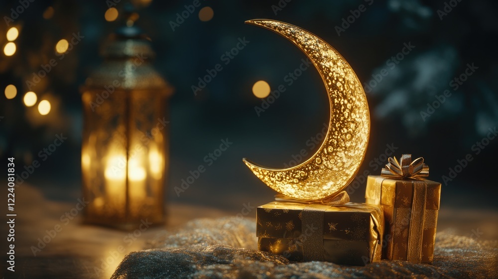 Poster a gold crescent moon sits on top of a stack of boxes. the scene is lit by a lantern, creating a warm