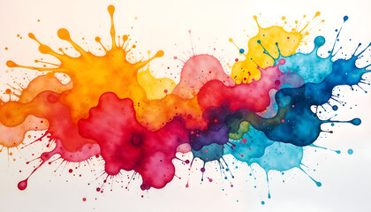 Vibrant abstract watercolor artwork with colorful splashes on a white background. 