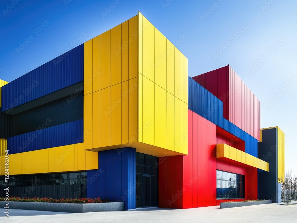 Aufkleber a building with a yellow and red facade. the building is a large, modern structure with a unique des