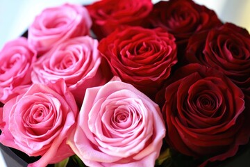 A bouquet of roses in a black vase with pink and red flowers. The arrangement is full and colorful, creating a cheerful and vibrant mood