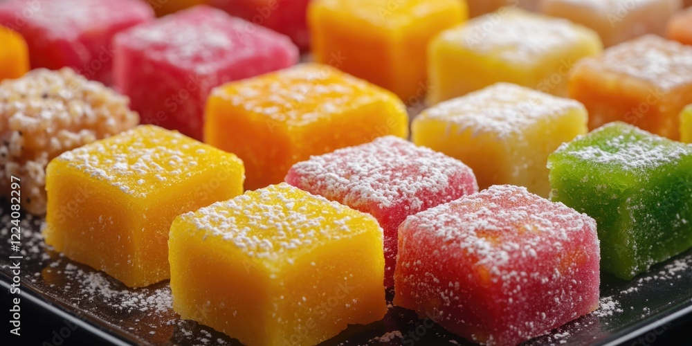 Poster a plate of assorted colored candies with powdered sugar on top. the candies are in various shapes an