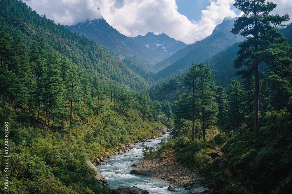 Poster a river flows through a lush green valley with mountains in the background. the scene is serene and 