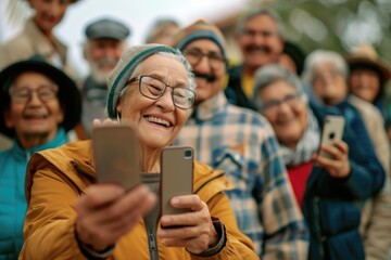 Obraz premium A group of older people are smiling and holding up their cell phones. They are all looking at the camera and seem to be enjoying themselves