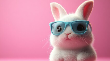 Fototapeta premium Adorable white bunny with blue glasses on pink background. Easter, Pascha, Paskha, Ostern, Pascua, Paques - Orthodox and Catholic Holiday celebration