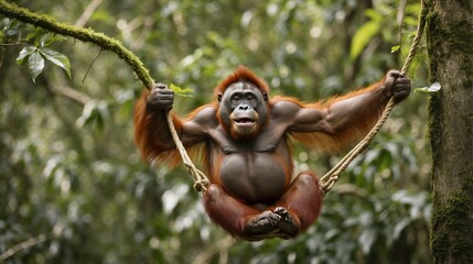 A playful orangutan swinging nimbly through the trees of a dense, verdant rainforest, exuding energy and charm.