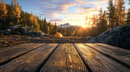 Fototapeta premium Sunset camping adventure mountain wilderness nature photography tranquil landscape close-up view outdoor serenity