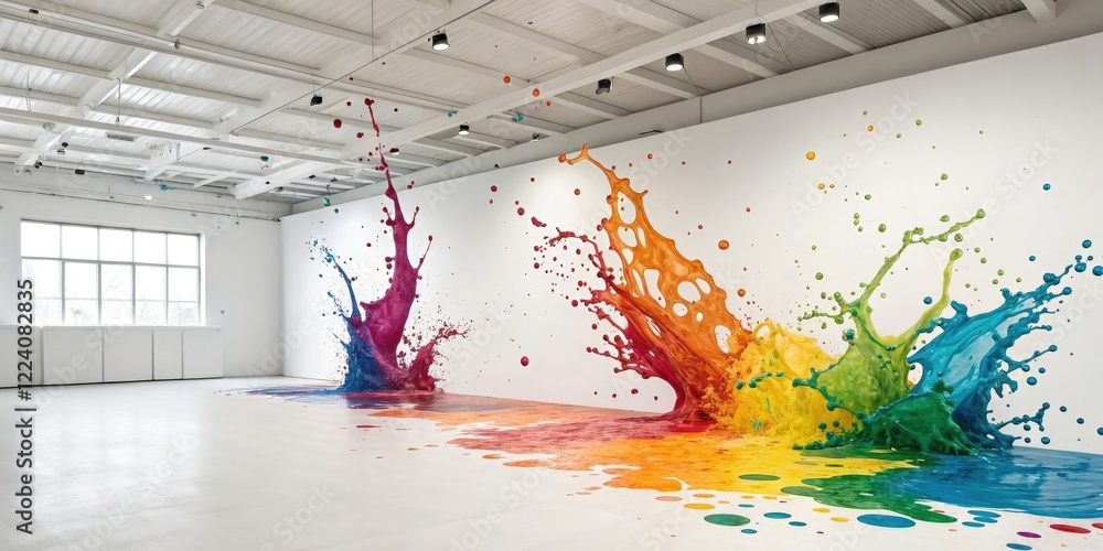 Poster abstract artwork with vibrant paint splashes on a pristine white canvas, playful style, dynamic comp