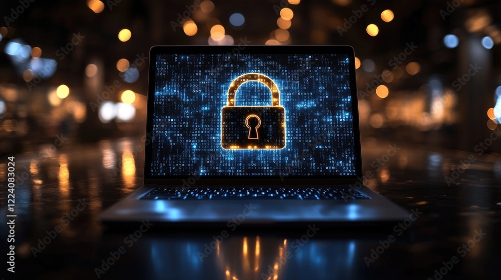 Poster cybersecurity concept: laptop displaying glowing lock symbol with blurred background