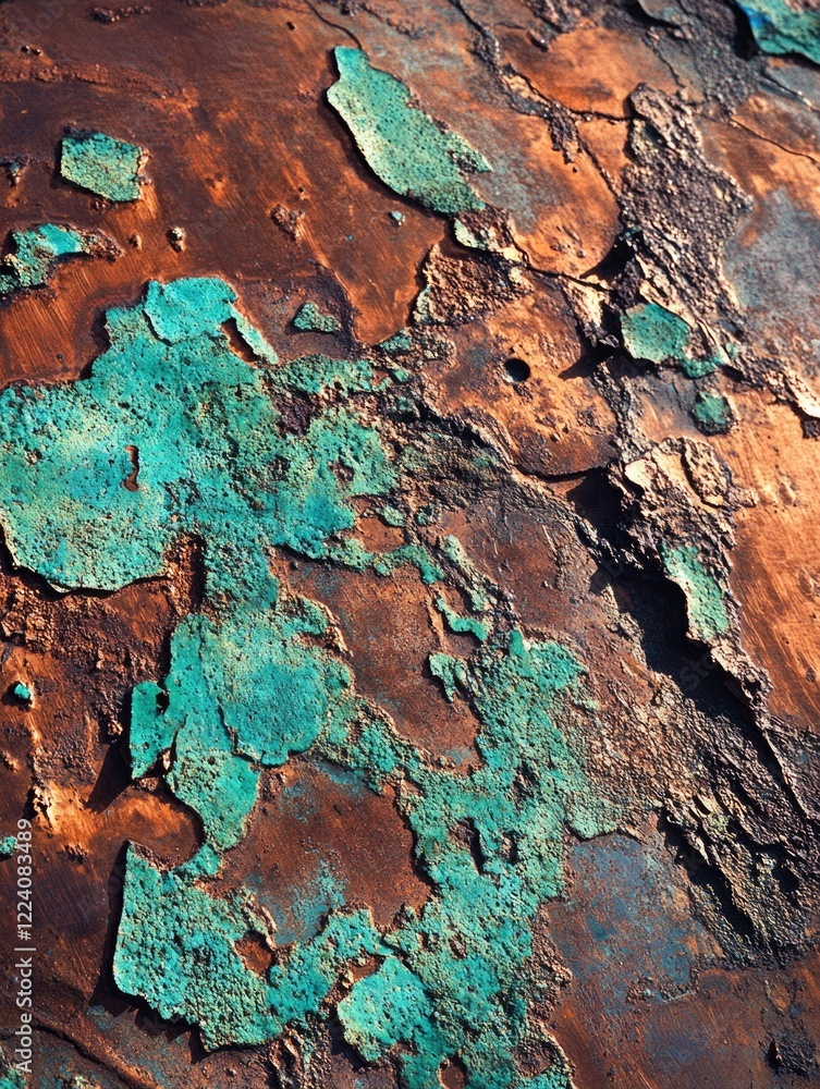 Poster a piece of metal with a green and brown color scheme. the surface is covered in rust and has a rough