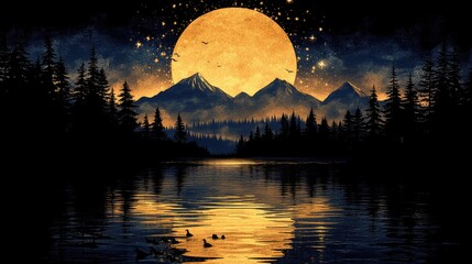 Obraz premium Enchanting full moon over mountain lake with silhouetted trees and birds at night